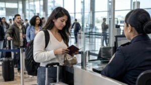 Viajera revisa su pasaporte en un control migratorio de aeropuerto