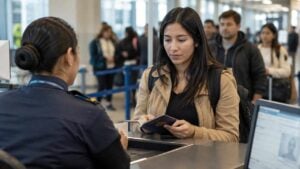 Viajera presenta sus documentos en un control migratorio de Colombia