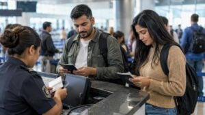 Viajeros revisan sus documentos ante un control migratorio