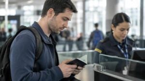 Viajero revisa su pasaporte frente al control migratorio en un aeropuerto