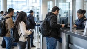 Viajeros revisan documentos ante un control migratorio en un aeropuerto colombiano