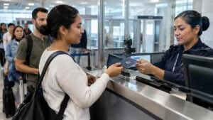 Viajero mostrando su pasaporte en un control migratorio