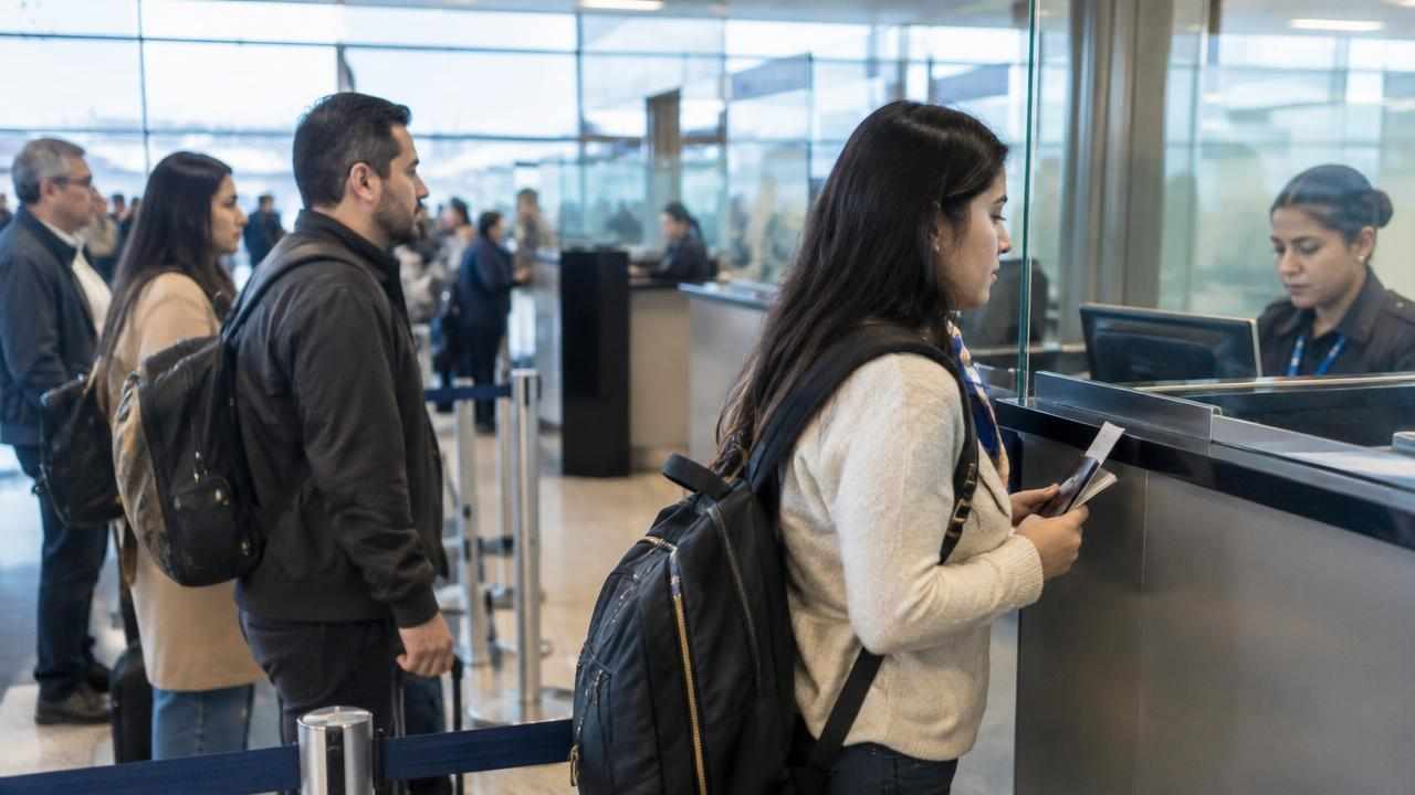 Requisitos para entrar a Colombia desde Perú: sin visa y con pasaporte o documento de identidad vigente 1 Viajeros presentan sus documentos ante un control migratorio en un aeropuerto