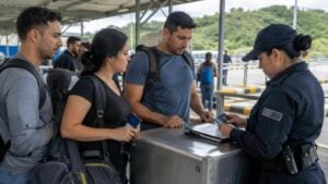 Viajeros presentan documentos ante un funcionario en un control migratorio