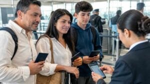 Familia colombiana diligenciando documentos en un aeropuerto caribeño