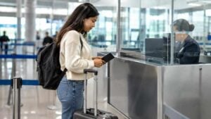 Viajera revisa su pasaporte junto a una maleta en un aeropuerto