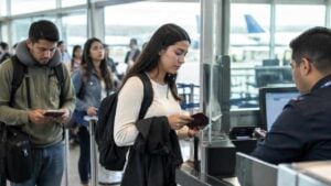 Viajeros presentan sus pasaportes en un control migratorio de aeropuerto