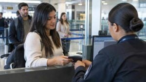Viajera presenta sus documentos en un puesto de control migratorio