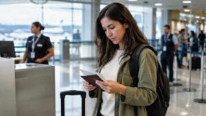 Viajera revisa su pasaporte y documentos en un aeropuerto