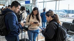 Viajeros colombianos revisan sus documentos en un aeropuerto internacional