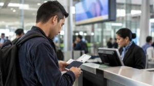 Viajero revisa sus documentos antes de abordar un vuelo