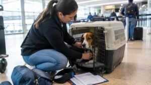Persona prepara un perro en un guacal junto a documentos veterinarios en un aeropuerto