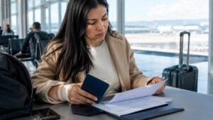 Viajero colombiano organizando documentos y equipaje en un aeropuerto