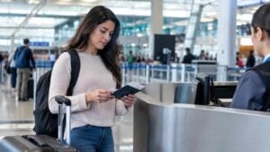 Viajera colombiana revisa documentos junto a su maleta en un aeropuerto