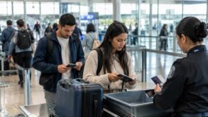 Viajeros colombianos revisan documentos en el control de un aeropuerto
