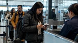 Viajero revisa sus documentos frente a un control migratorio