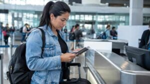 Viajero revisa su pasaporte y documentos en un aeropuerto