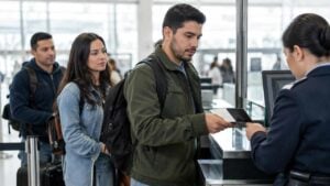 Viajeros colombianos presentan documentos en un control migratorio