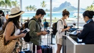Viajeros revisan sus documentos y pasaportes antes de abordar un vuelo