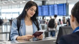 Viajera revisa documentos y pasaporte en un aeropuerto internacional