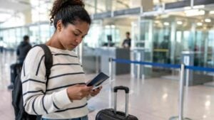 Viajero revisa su pasaporte y documentos en una terminal aérea