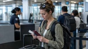 Viajero revisa su pasaporte y documentos en un aeropuerto colombiano