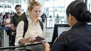 Viajero presenta sus documentos en un control migratorio de un aeropuerto colombiano