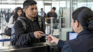 Viajero presenta su pasaporte ante un funcionario de migración en un aeropuerto