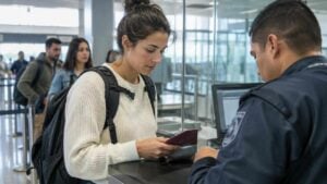 Viajera presenta su pasaporte en un control migratorio de Colombia