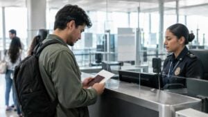 Viajero revisa su pasaporte y documentos en un control migratorio