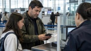 Viajera colombiana revisa documentos junto a una menor en un aeropuerto