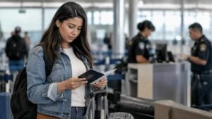 Viajera colombiana revisa sus documentos y pasaporte en un aeropuerto