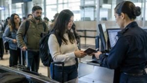 Viajeros presentan sus pasaportes en un control fronterizo