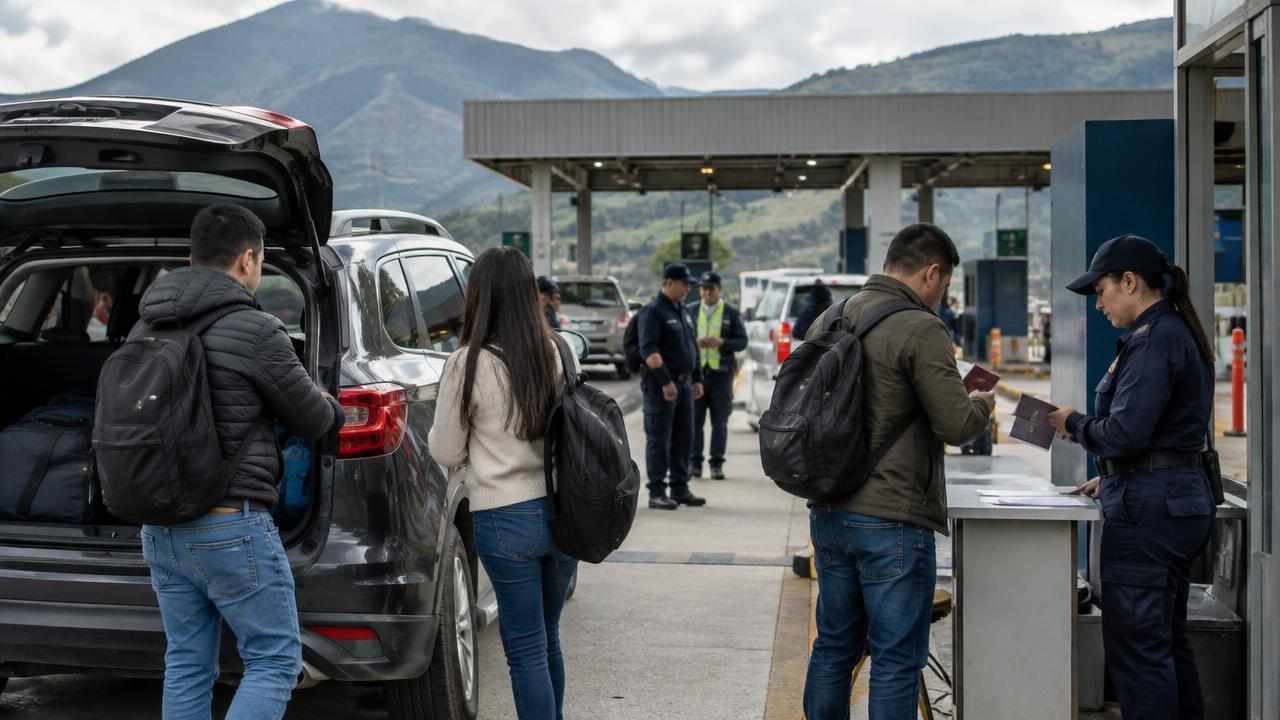 Requisitos para viajar a Ecuador desde Colombia: sin visa y con documento de identidad vigente 1 Viajeros colombianos presentan documentos junto a un carro en la frontera
