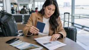 Persona organiza documentos de viaje y equipaje en un aeropuerto