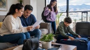 Familia colombiana revisa documentos y equipaje antes de viajar