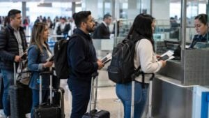 Viajeros colombianos adultos en el control migratorio de un aeropuerto