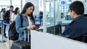 Viajero revisa su pasaporte y documentos en un aeropuerto