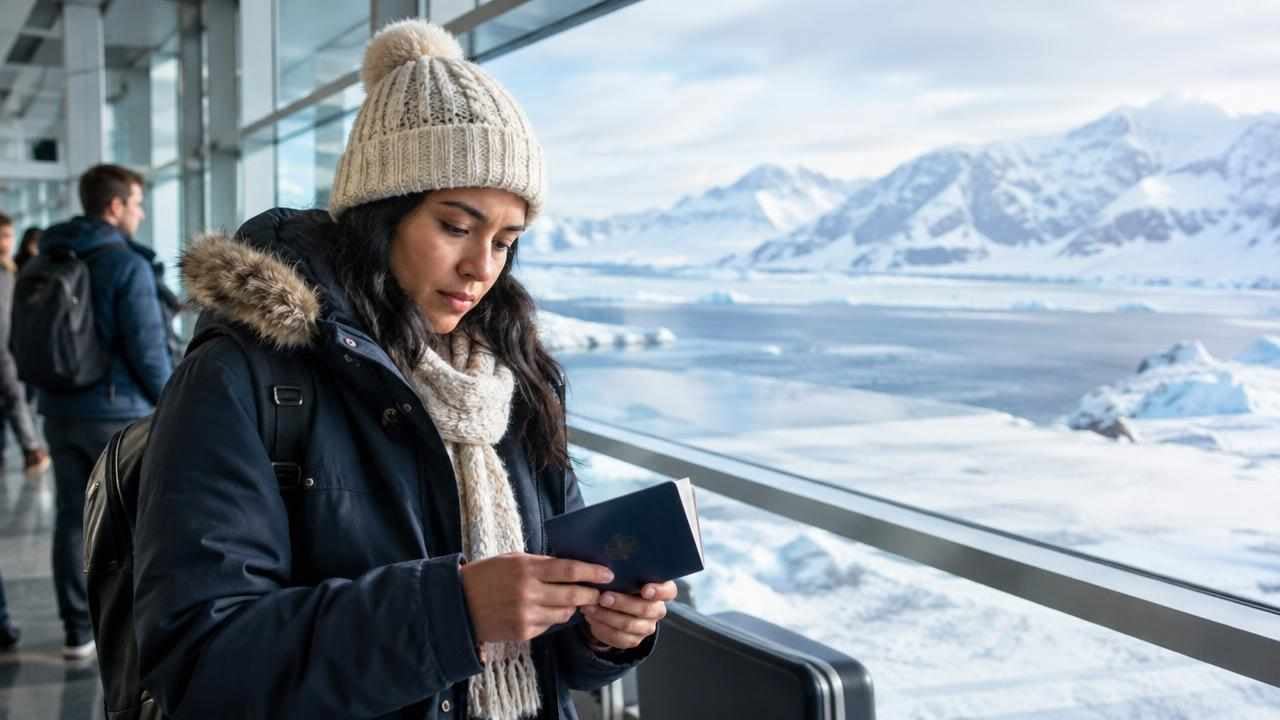 Requisitos para viajar a Groenlandia desde Colombia: sin visa y con pasaporte válido 1 Viajeros revisan sus pasaportes en un aeropuerto con paisaje ártico al fondo