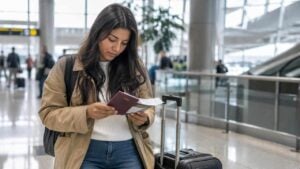 Viajero revisando su pasaporte y documentos junto a una maleta