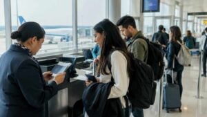 Viajera colombiana revisa sus documentos durante una conexión en un aeropuerto