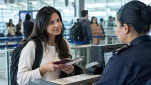 Viajera presenta su pasaporte y documentos en el control migratorio