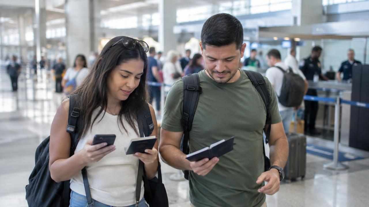 Requisitos para viajar a Indonesia desde Colombia: sin visa, pasaporte y declaración de llegada 1 Pareja de viajeros revisa sus pasaportes en el aeropuerto