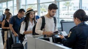 Viajeros revisan sus documentos en un control migratorio de aeropuerto