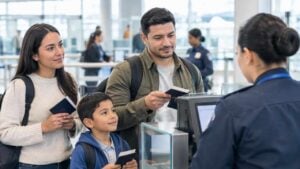 Familia colombiana en control migratorio de un aeropuerto caribeño