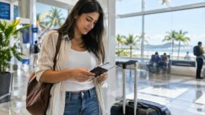 Viajera revisa su pasaporte y documentos junto a una maleta