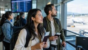 Viajeros colombianos en la zona de embarque de un aeropuerto
