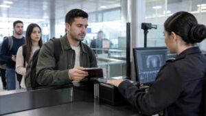 Viajeros colombianos pasan un control migratorio en un aeropuerto internacional