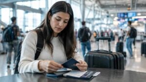 Viajera colombiana organiza documentos y pasaporte antes de un viaje internacional