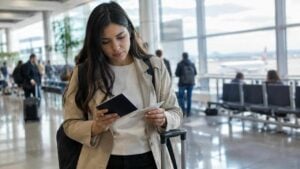 Viajera revisa su pasaporte y documentos en un aeropuerto